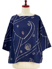 MONA LISA by Pure Fit - Back Button Pullover - Geometric Orbit Print - 264260-DB - DARK BLUE (C)
