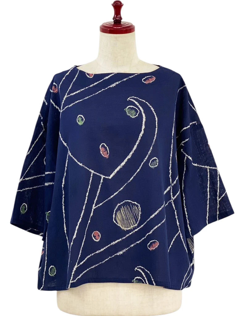 MONA LISA by Pure Fit - Back Button Pullover - Geometric Orbit Print - 264260-DB - DARK BLUE (C)