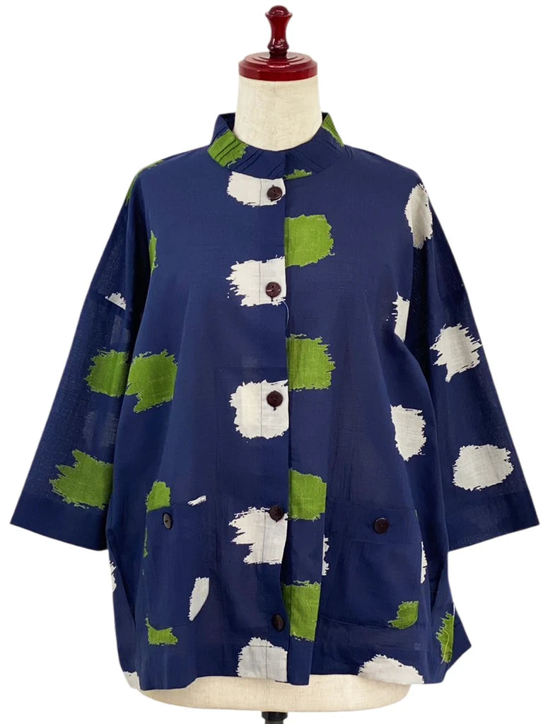 MONA LISA by Pure Fit - Tuck Collar Jacket - Ikat Dots Print - 264363-DB - DARK BLUE (C)