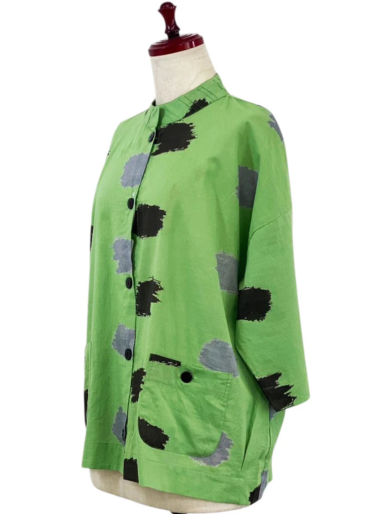 MONA LISA by Pure Fit - Tuck Collar Jacket - Ikat Dots Print - 264363-GE - GREEN (H)