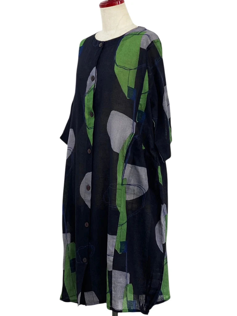 MONA LISA by Pure Fit - Button Front Dress - Abstract Collage Print - 264366-BK - BLACK (A)