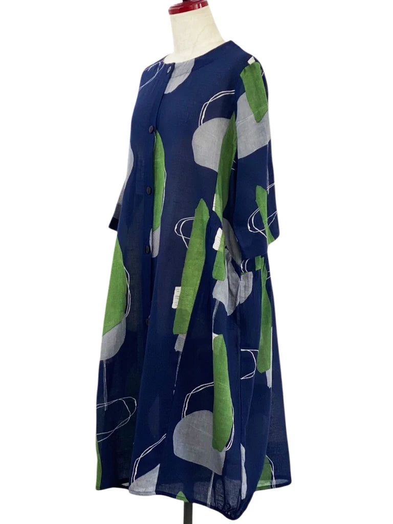 MONA LISA by Pure Fit - Button Front Dress - Abstract Collage Print - 264366-DB - DARK BLUE (C)