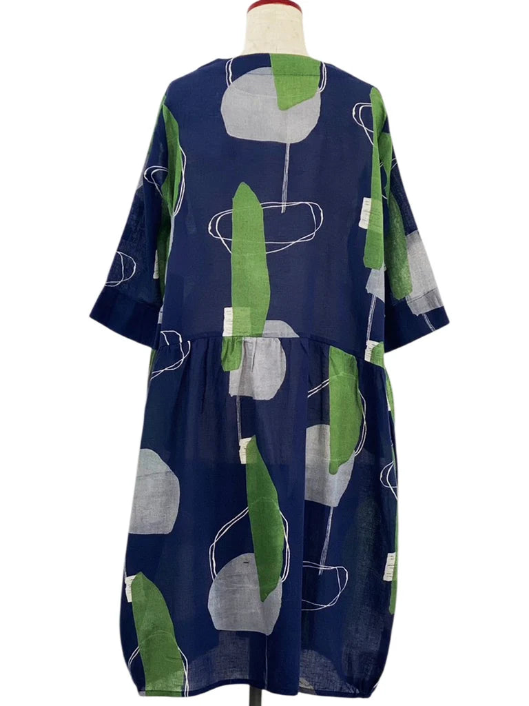 MONA LISA by Pure Fit - Button Front Dress - Abstract Collage Print - 264366-DB - DARK BLUE (C)
