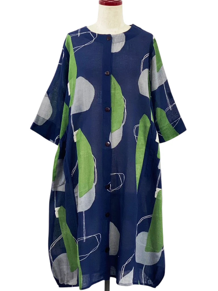 MONA LISA by Pure Fit - Button Front Dress - Abstract Collage Print - 264366-DB - DARK BLUE (C)
