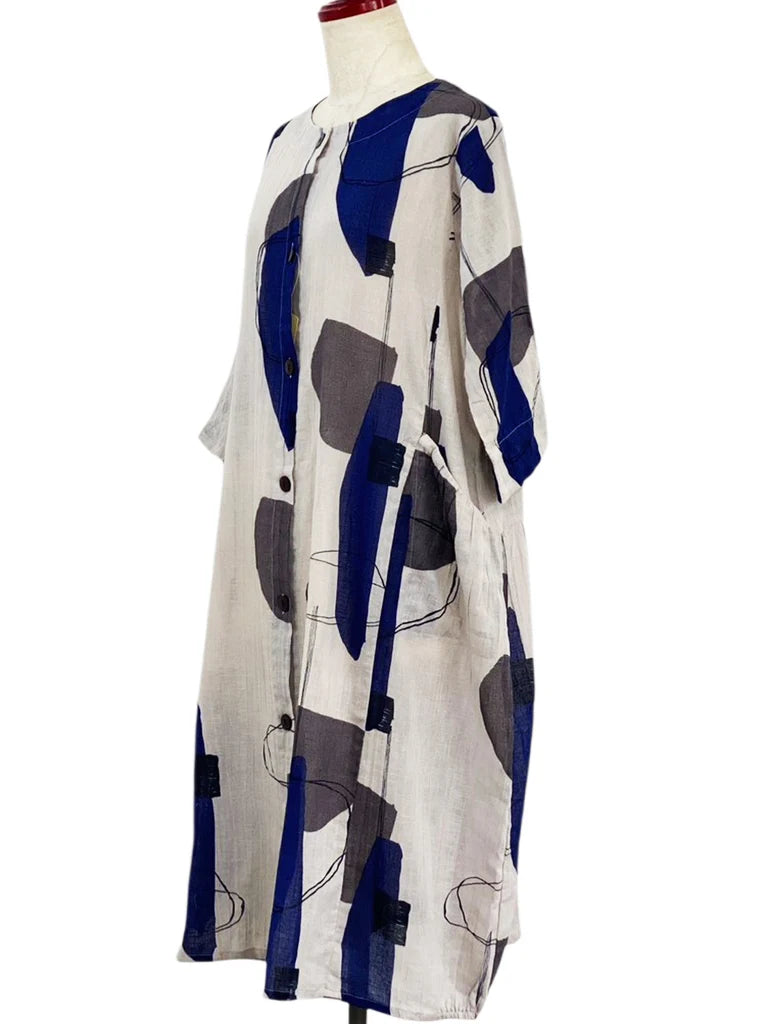 MONA LISA by Pure Fit - Button Front Dress - Abstract Collage Print - 264366-LG - LIGHT GREY (B)