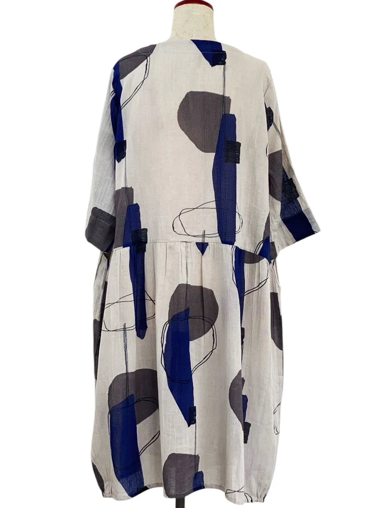 MONA LISA by Pure Fit - Button Front Dress - Abstract Collage Print - 264366-LG - LIGHT GREY (B)