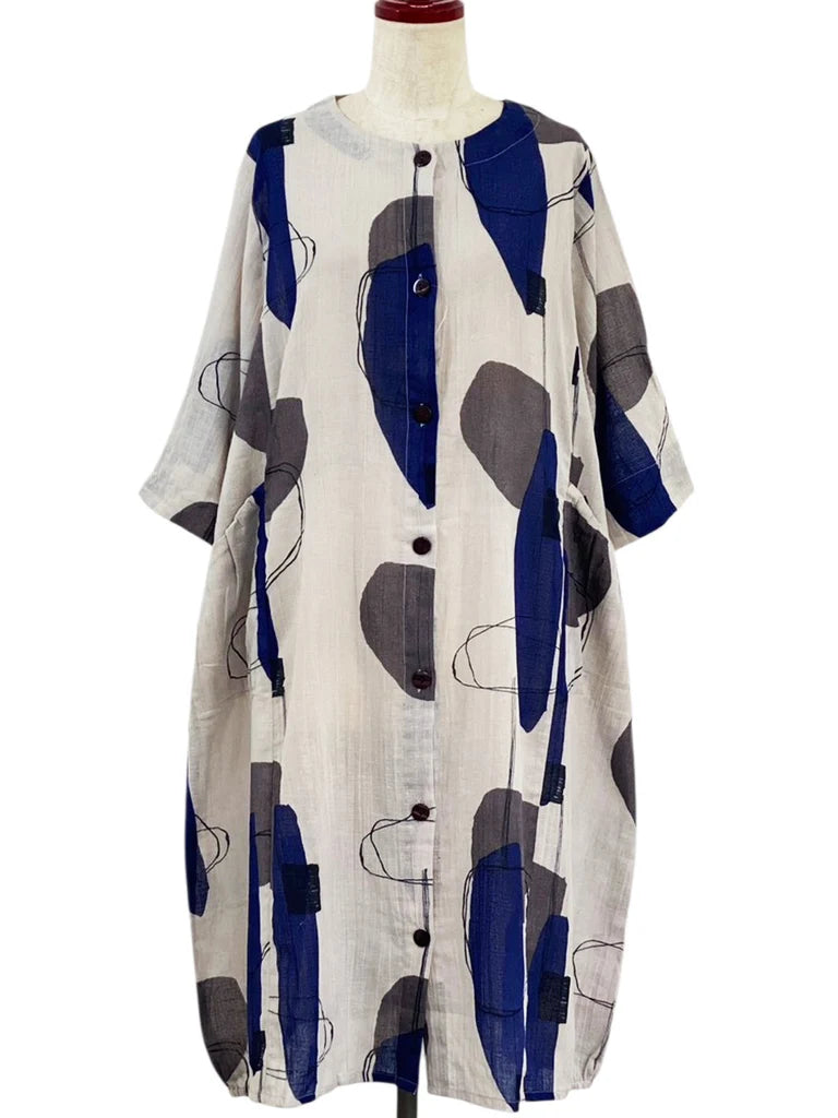 MONA LISA by Pure Fit - Button Front Dress - Abstract Collage Print - 264366-LG - LIGHT GREY (B)
