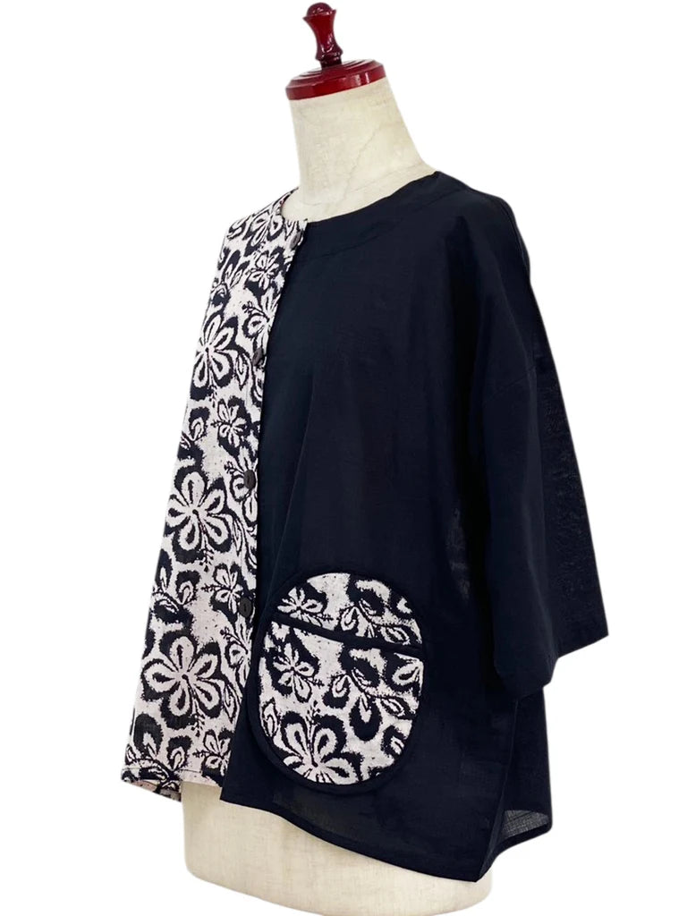 MONA LISA by Pure Fit - Circle Pocket Jacket - Floral Stamp Print - 264369-2-BK - BLACK (A)