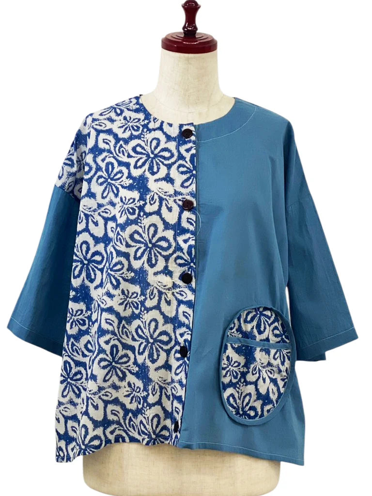 MONA LISA by Pure Fit - Circle Pocket Jacket - Floral Stamp Print - 264369-2-BL - BLUE (C)