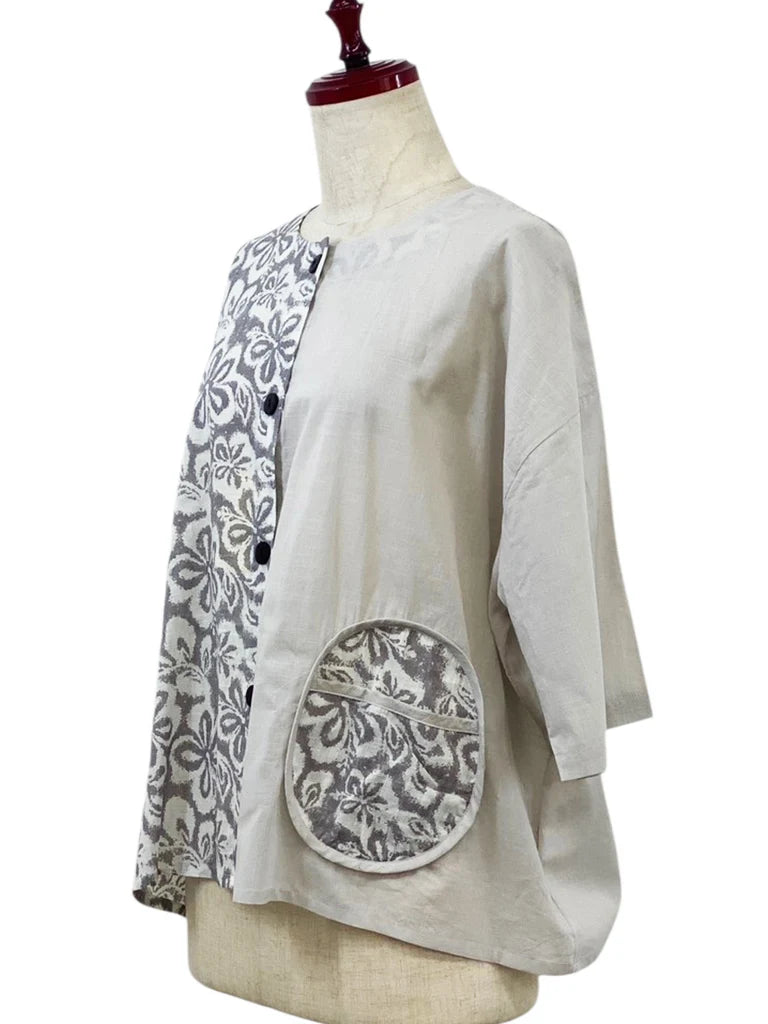 MONA LISA by Pure Fit - Circle Pocket Jacket - Floral Stamp Print - 264369-2-LG -  LIGHT GREY (B)