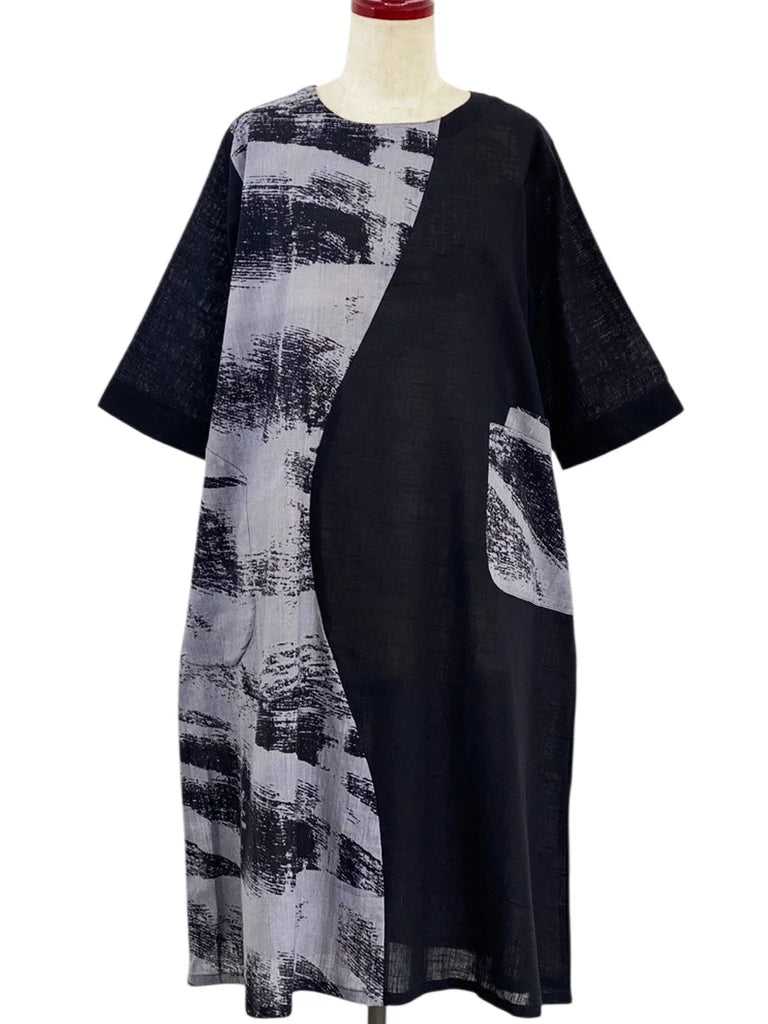 MONA LISA by Pure Fit - Combo Dress - Brushstroke Print - 264381-BK - BLACK (A)