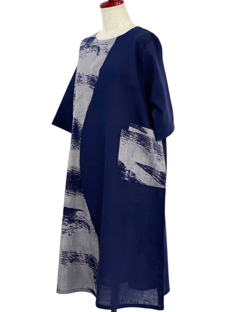 MONA LISA by Pure Fit - Combo Dress - Brushstroke Print - 264381-DB - DARK BLUE (C)