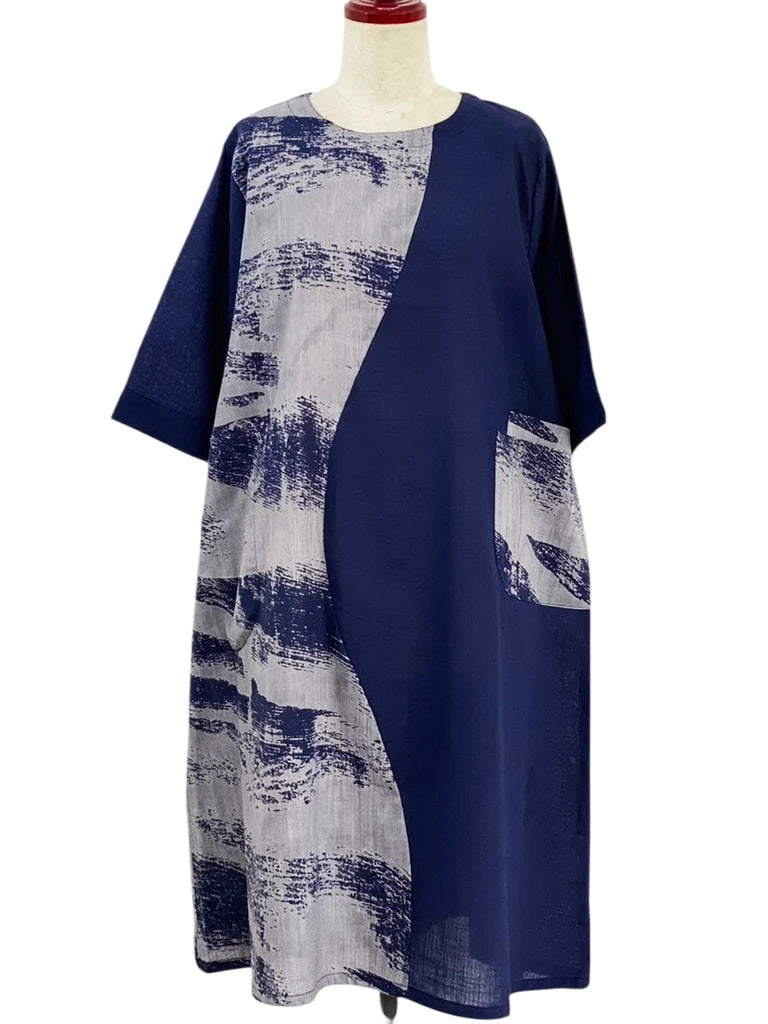 MONA LISA by Pure Fit - Combo Dress - Brushstroke Print - 264381-DB - DARK BLUE (C)