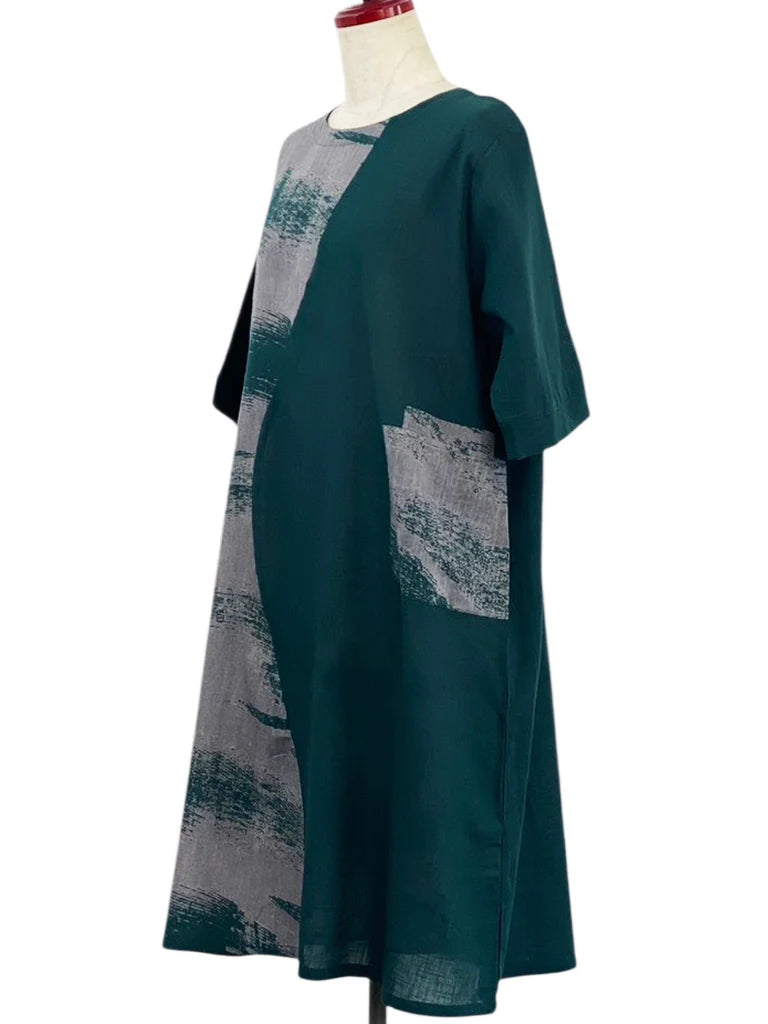 MONA LISA by Pure Fit - Combo Dress - Brushstroke Print - 264381-GE - GREEN (H)