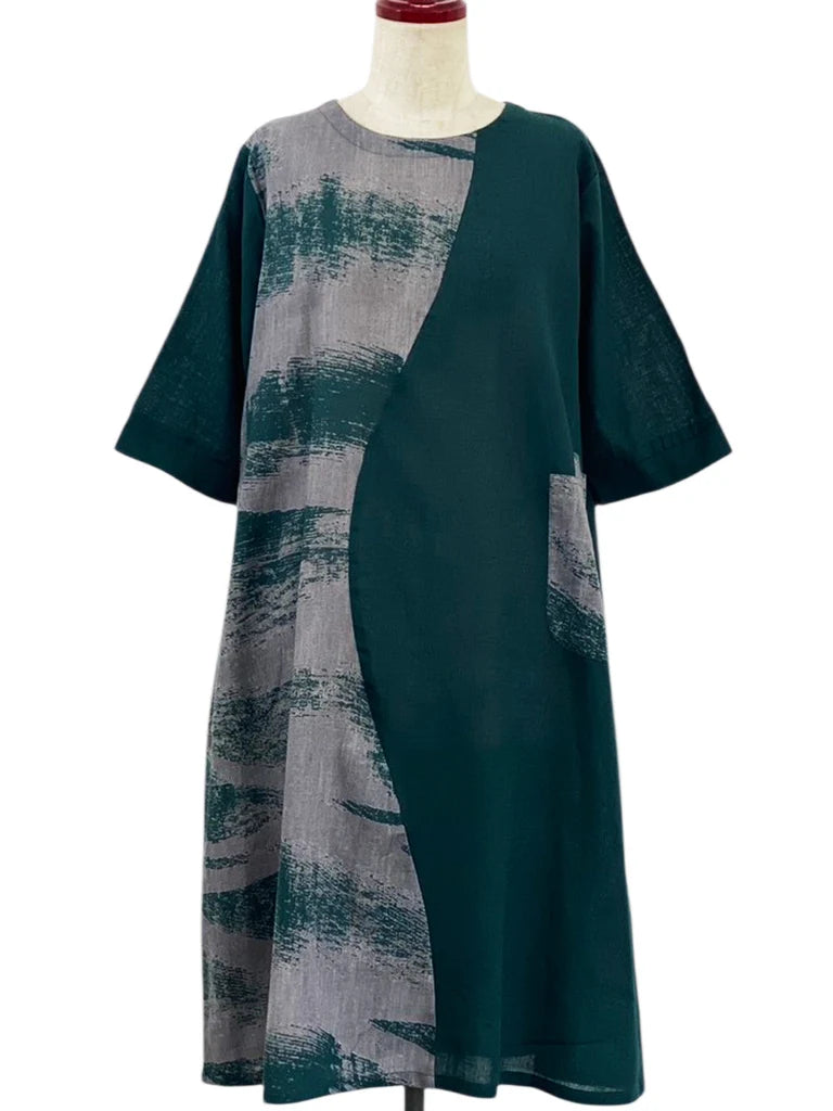 MONA LISA by Pure Fit - Combo Dress - Brushstroke Print - 264381-GE - GREEN (H)