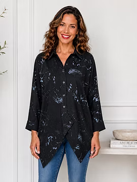 Vanite Couture Asymmetric Button Front Pattern Top - 2905-2 - BLACK/WHITE