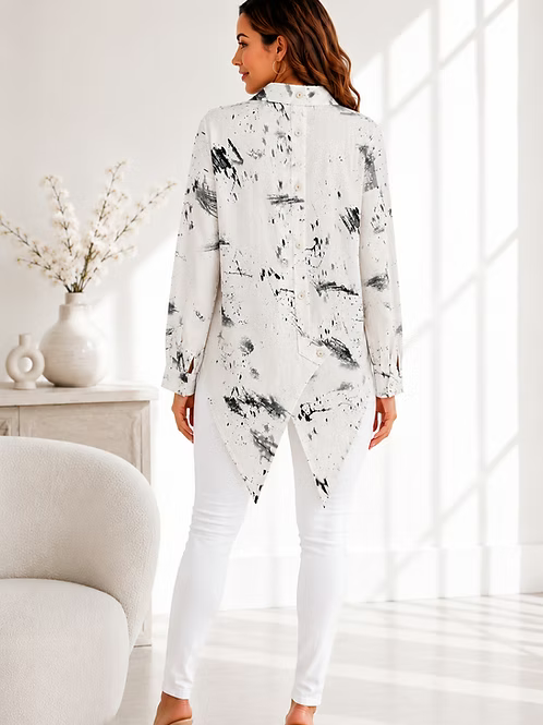 Vanite Couture Asymmetric Button Front Pattern Top - 2905-2 - WHITE/BLACK