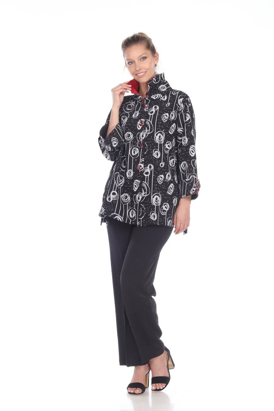 MOONLIGHT Button Down Black Swirl Pleated Zip Back Swing Shirt - 2417