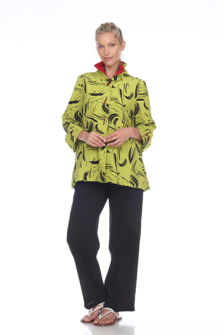 MOONLIGHT Button Down Swirl Pleated Zip Back Swing Shirt - 2417 PR LIME