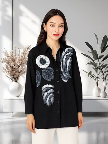 Vanite Couture Button Front Swirl Pattern Top - 3001 - BLACK