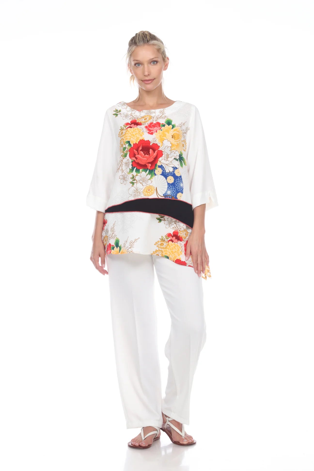 MOONLIGHT Asian Inspired Floral Garden Tunic - 3019 - WHITE