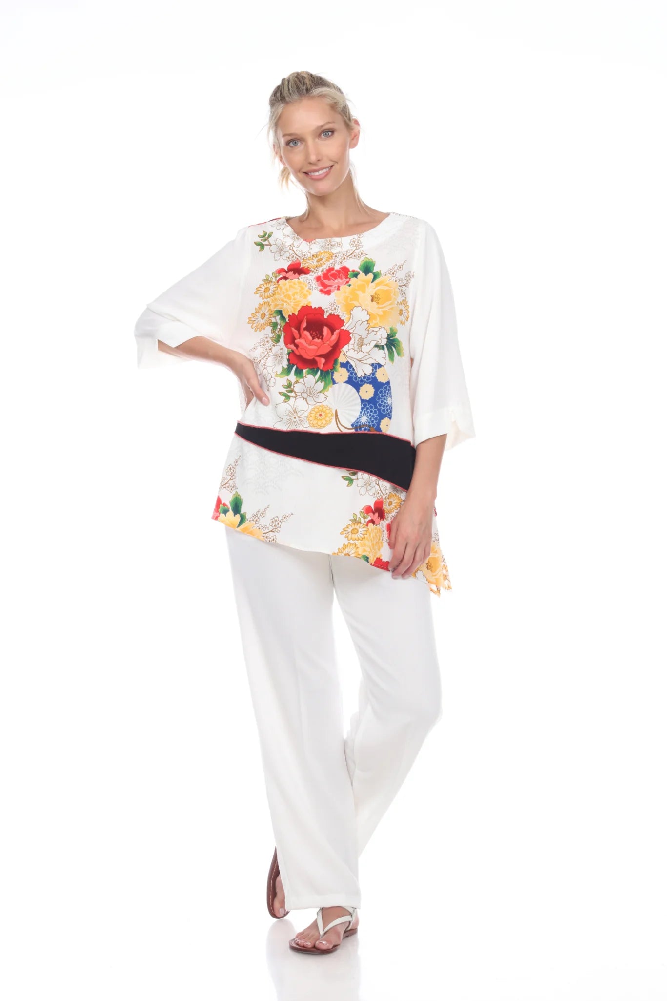 MOONLIGHT Asian Inspired Floral Garden Tunic - 3019 - WHITE