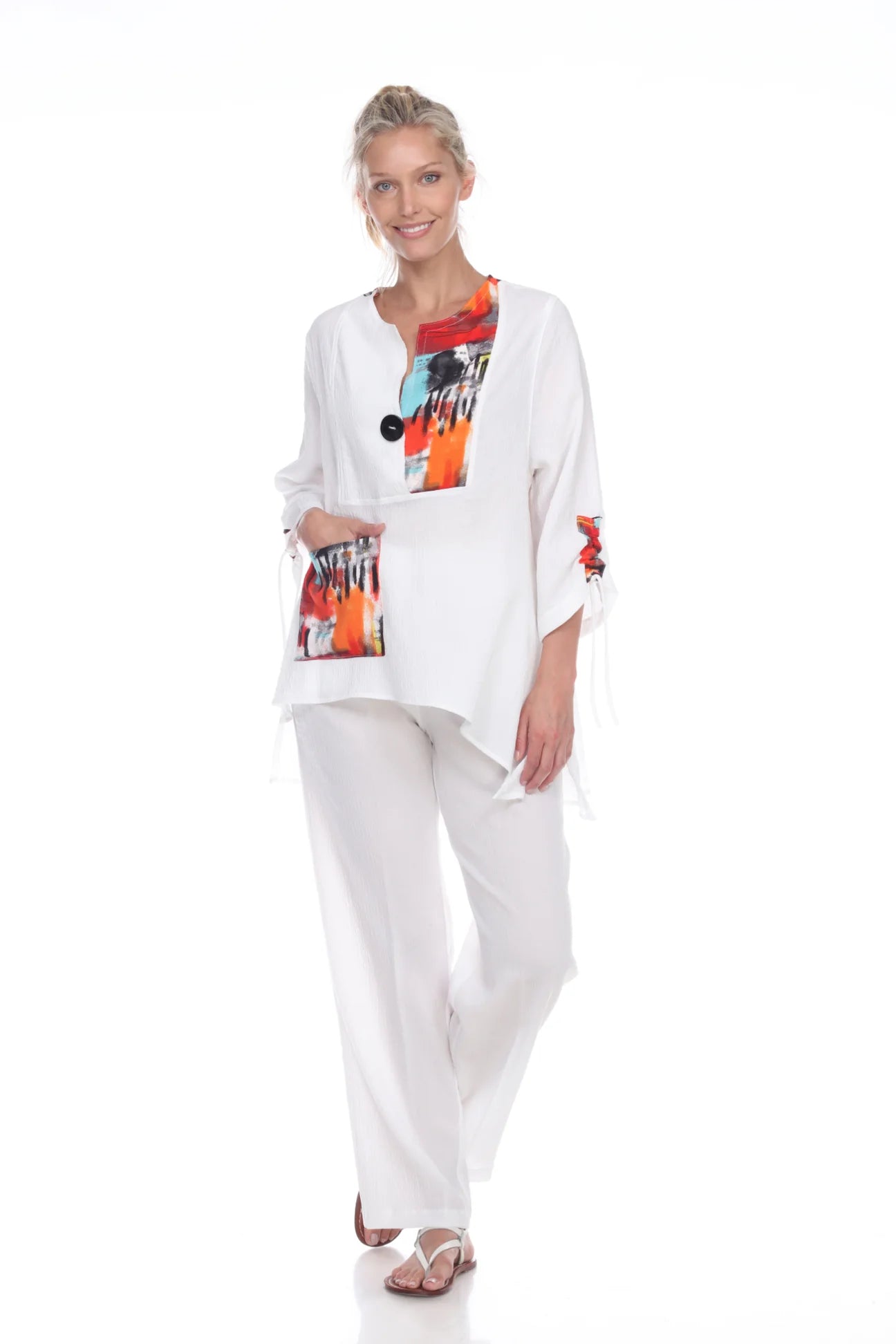 MOONLIGHT Single Button Abstract White Top With Multicolor Blocks - 3069 SL