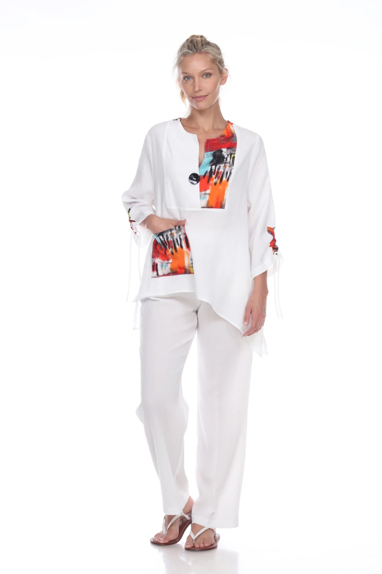 MOONLIGHT Single Button Abstract White Top With Multicolor Blocks - 3069 SL