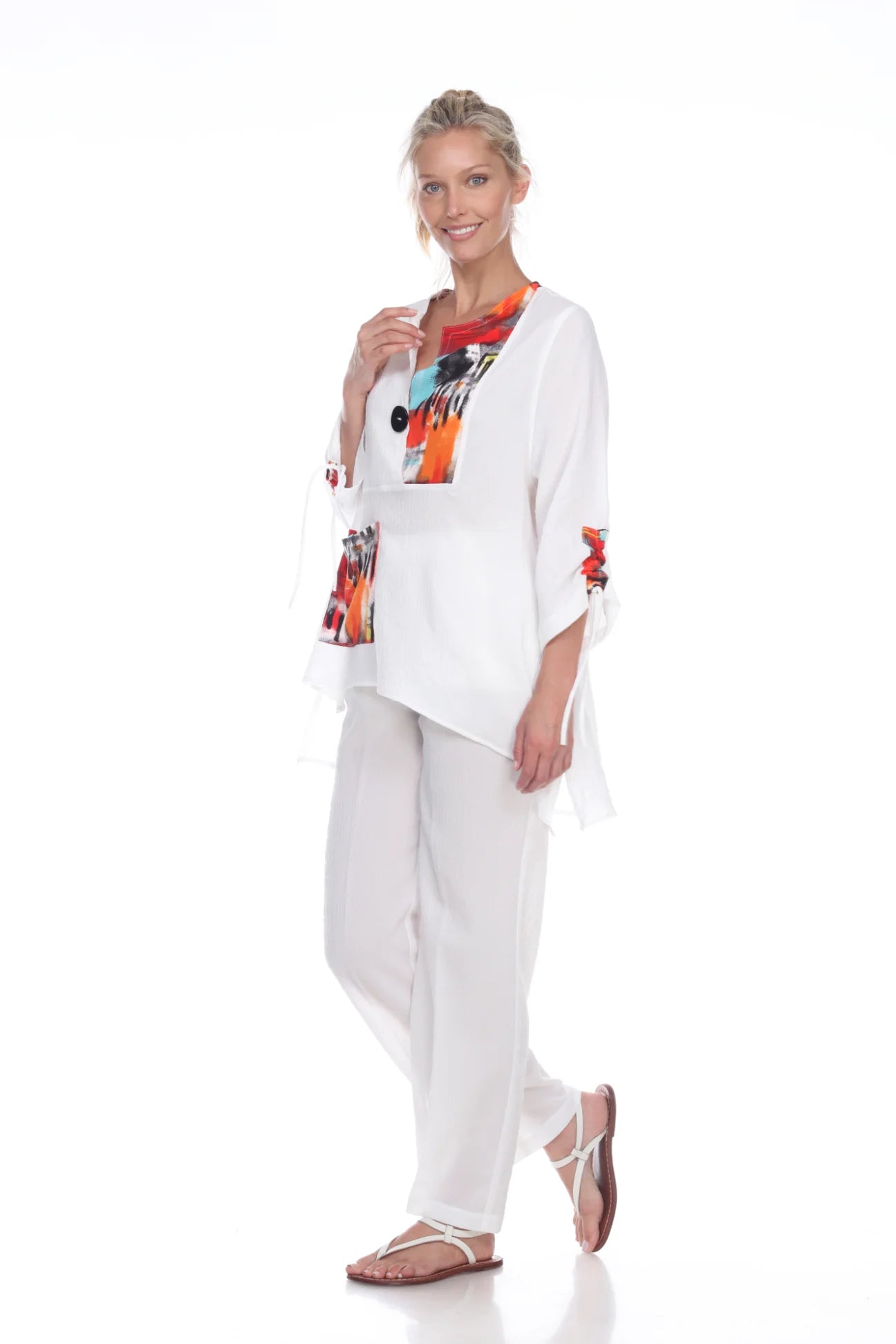 MOONLIGHT Single Button Abstract White Top With Multicolor Blocks - 3069 SL