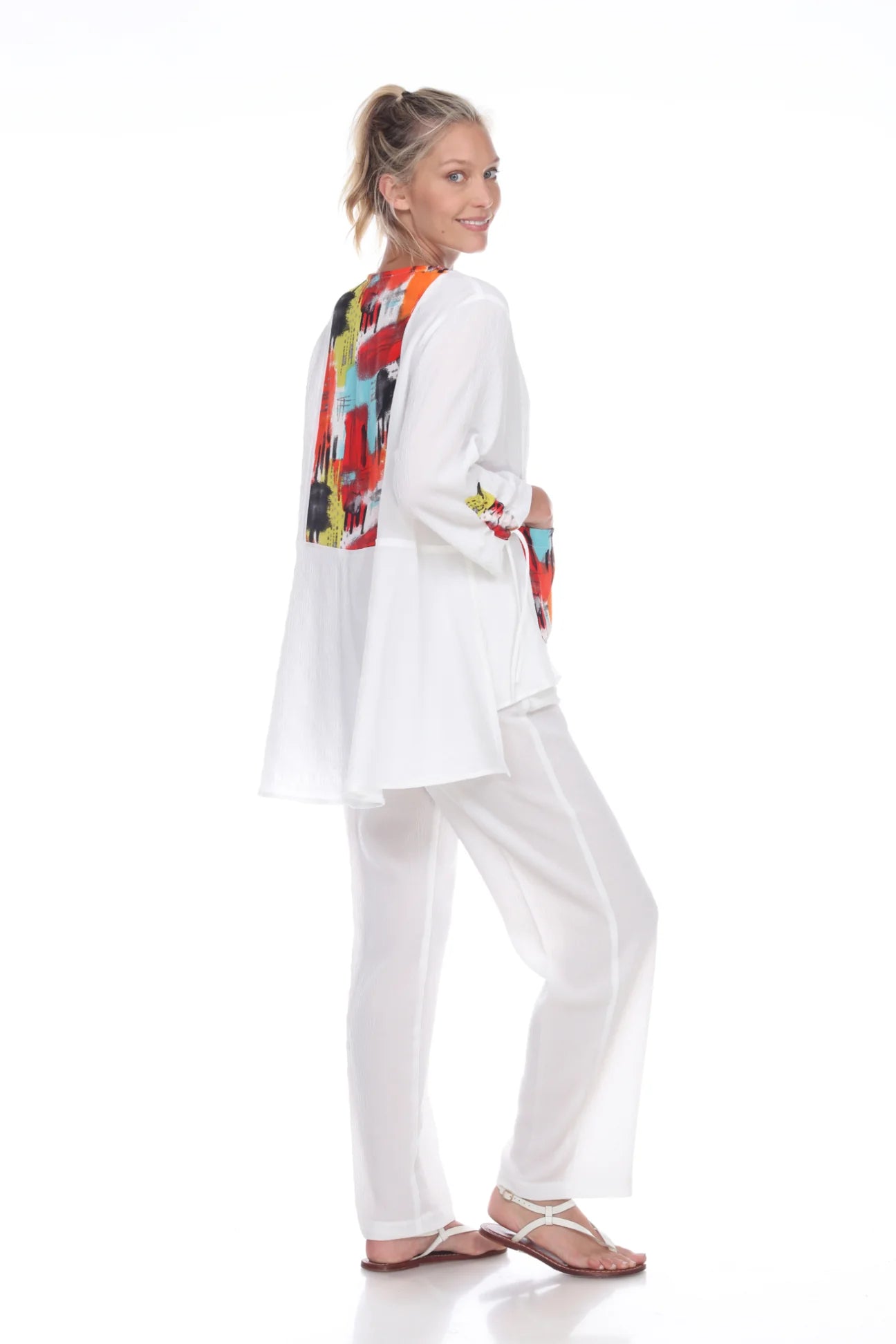 MOONLIGHT Single Button Abstract White Top With Multicolor Blocks - 3069 SL