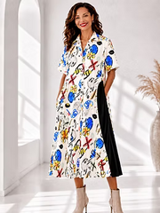 Vanite Couture Button Front Artistic Pattern Shirt Dress - 31069 - CREAM MULTI