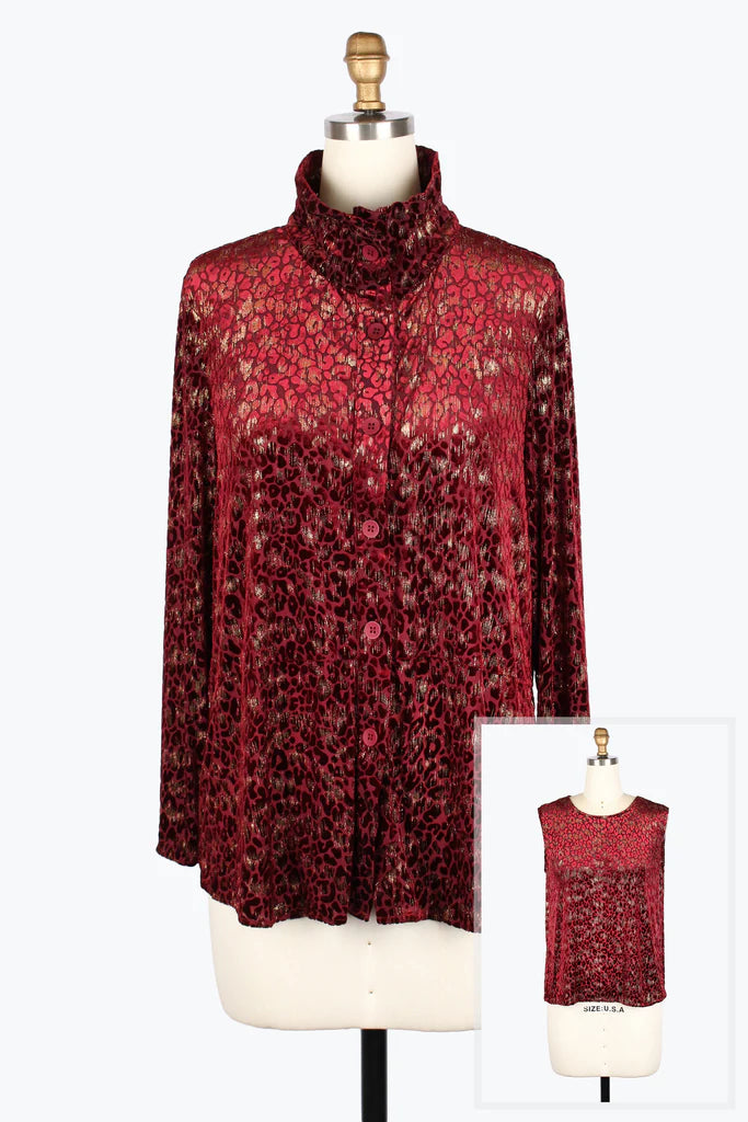 DAMEE LEOPARD BURNOUT SHIRT TWIN SET - 31440-RED