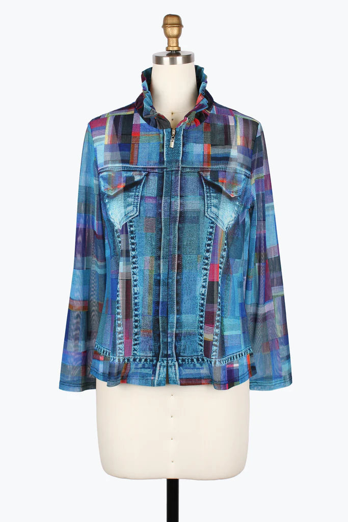 DAMEE MULTI-PLAID DENIM MESH TWIN SET - 31449-MLT