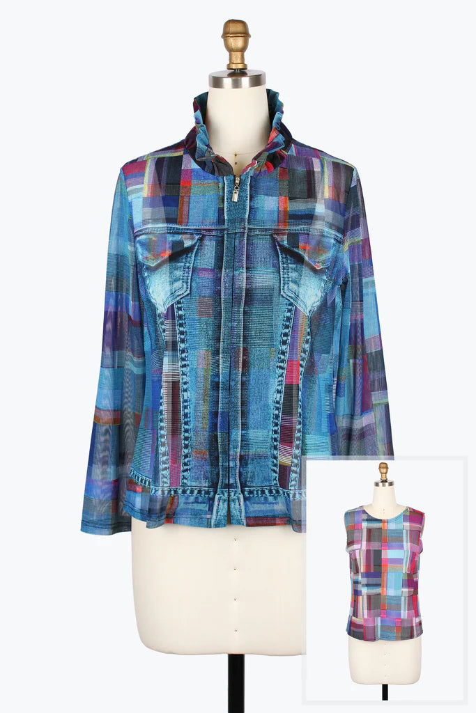 DAMEE MULTI-PLAID DENIM MESH TWIN SET - 31449-MLT