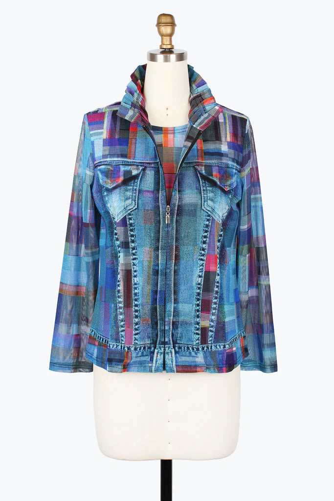 DAMEE MULTI-PLAID DENIM MESH TWIN SET - 31449-MLT