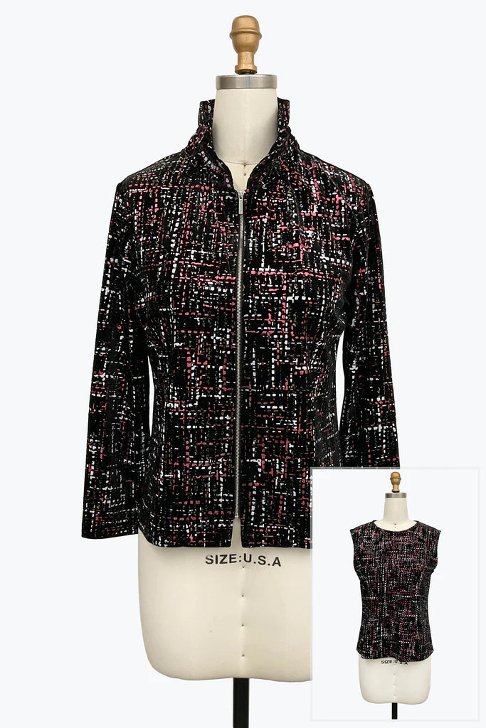 DAMEE BLACK, RED AND WHITE FOIL VELOUR TWIN SET JACKET AND TANK TOP - 31452 - CRD