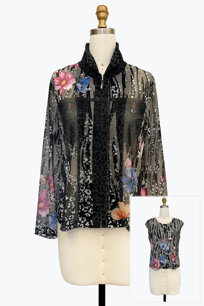 DAMEE BLACK AND FLORAL MESH TWIN SET - 31454 - MULTI