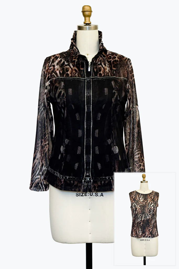 DAMEE BROWN AND BLACK ANIMAL PRINT MESH TWIN SET - 31455 - BROWN