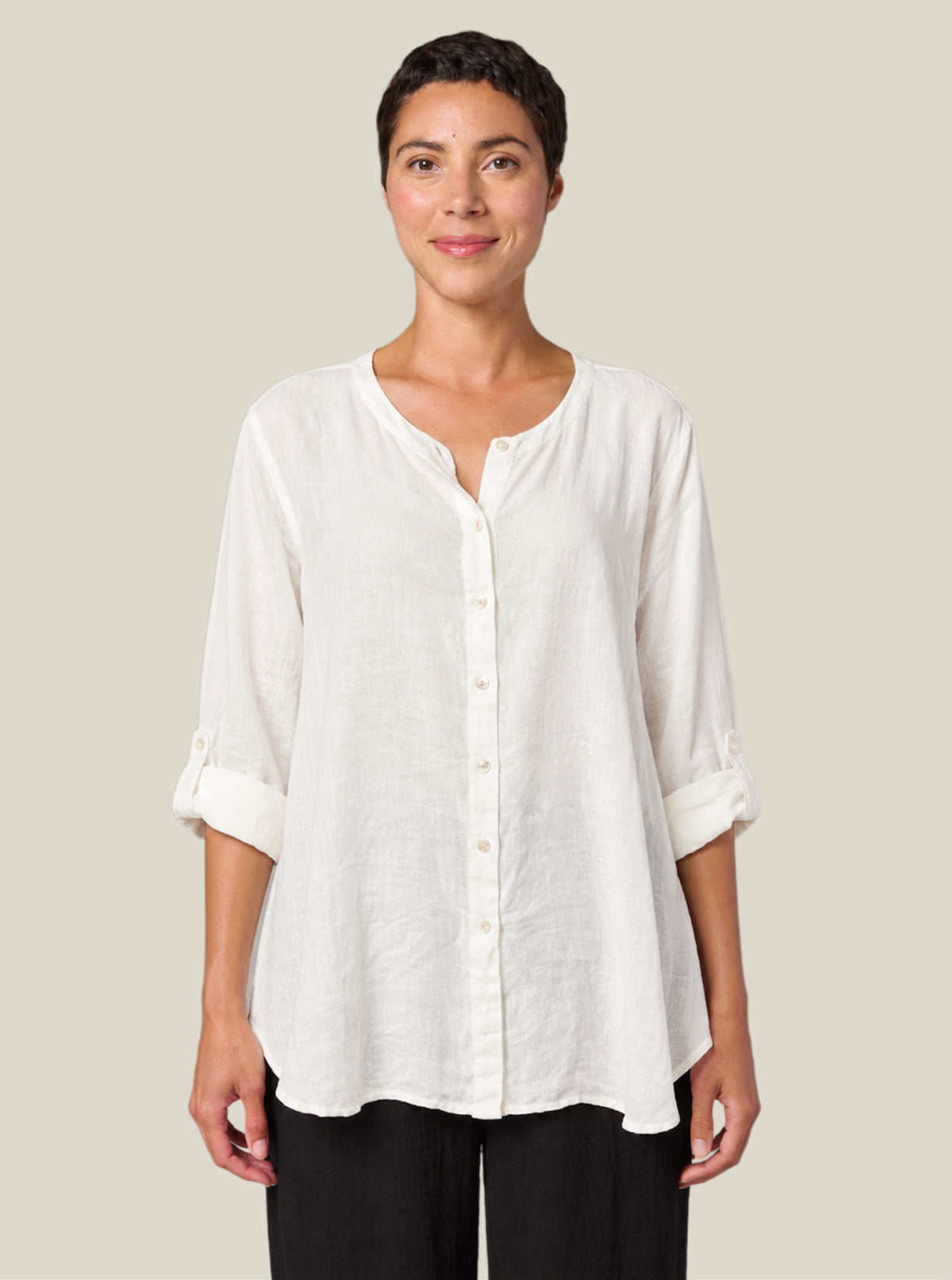 CUT LOOSE Solid Linen Collarless Shirt - 4406917