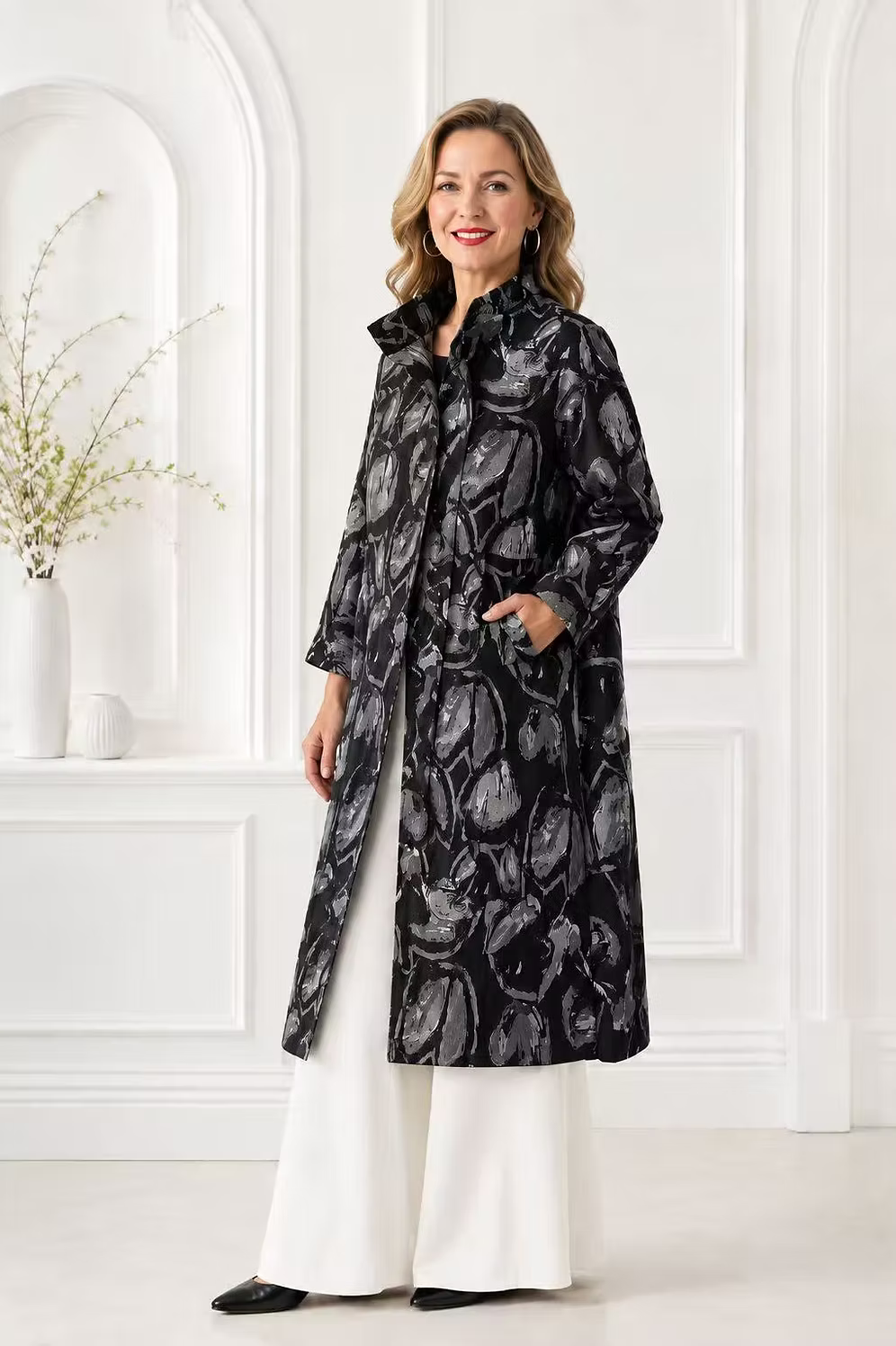 Vanite Couture Button Front Patterned Coat - 32198 - BLACK MULTI