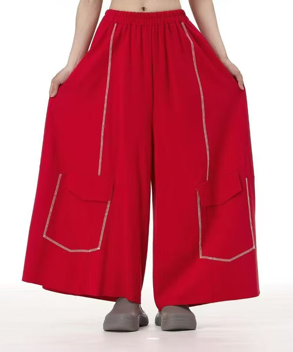 Vanite Couture Wide Leg Pocket Detail Cotton Pant - 32698 - RED