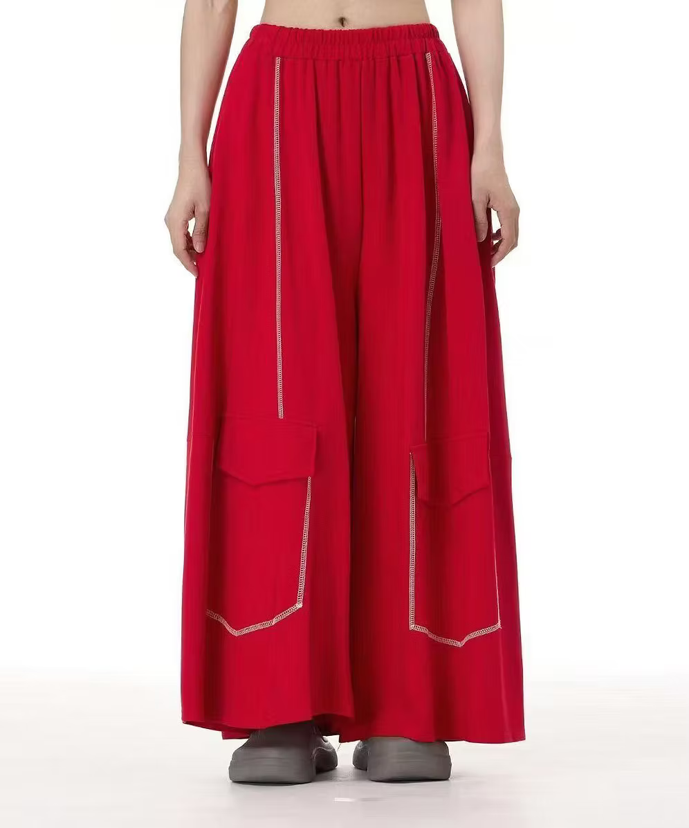 Vanite Couture Wide Leg Pocket Detail Cotton Pant - 32698 - RED