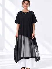 Vanite Couture Asymmetric Bottom Mesh Detail Cotton Top - 33088 - BLACK