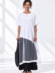 Vanite Couture Asymmetric Bottom Mesh Detail Cotton Top - 33088 - WHITE