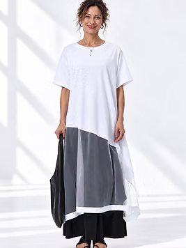 Vanite Couture Asymmetric Bottom Mesh Detail Cotton Top - 33088 - WHITE