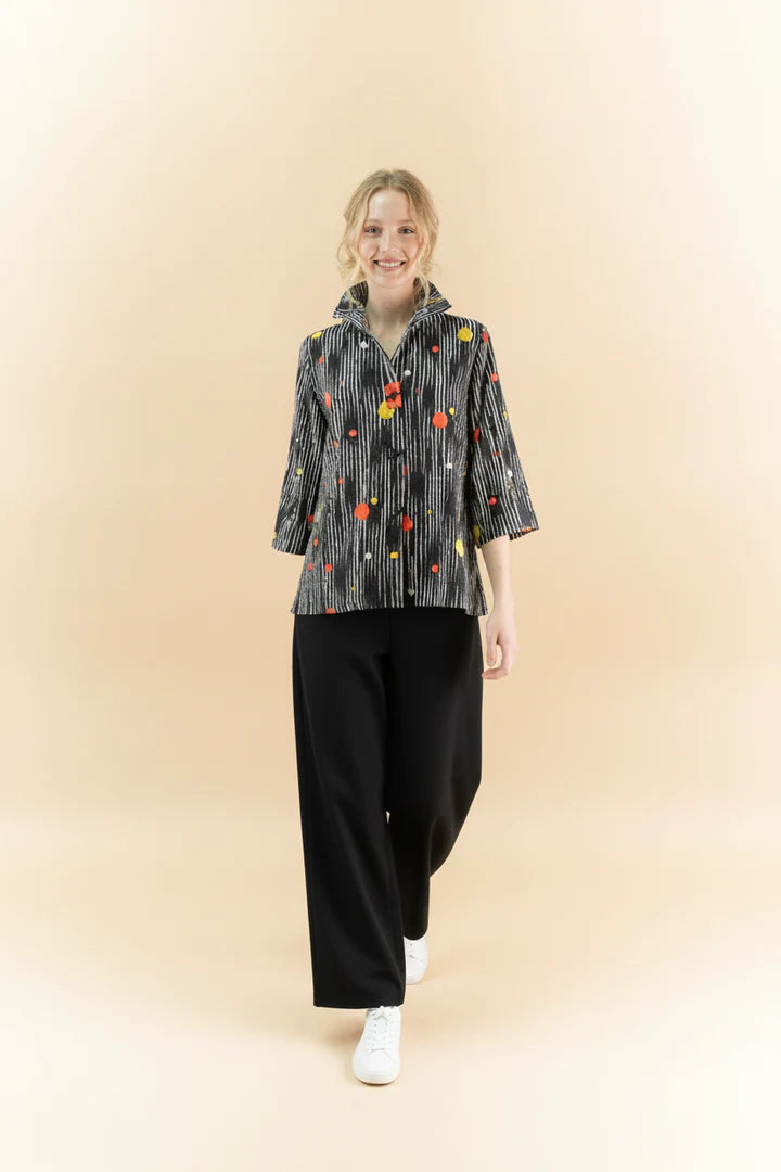 MOONLIGHT High Collar Button Down Black Jacket w/ Geometric Details - 3448COR