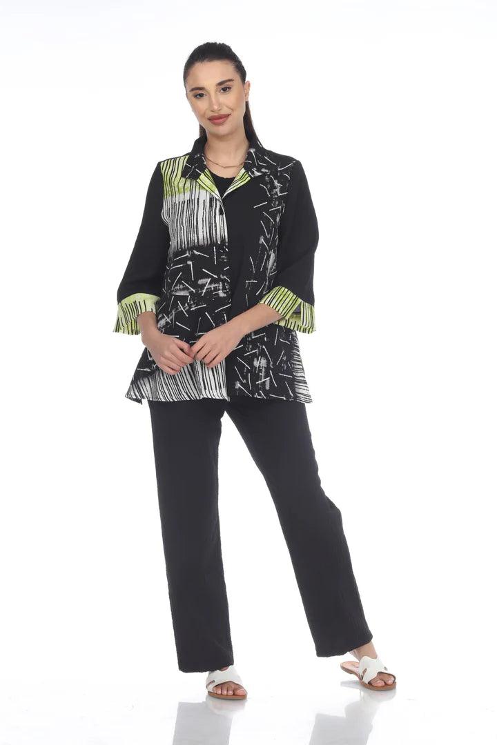 MOONLIGHT Black & Green Mixed Media Button Down Top - 3451