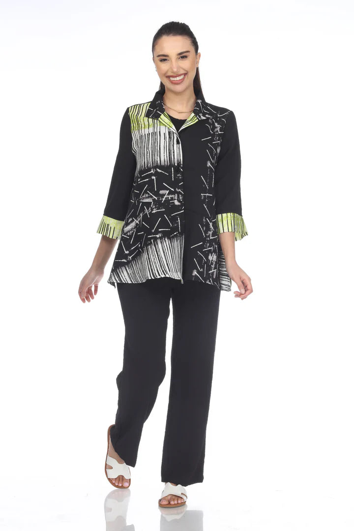 MOONLIGHT Black & Green Mixed Media Button Down Top - 3451