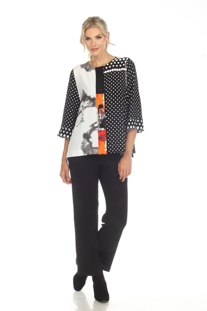 MOONLIGHT Button Down Marble & Black & White Mixed Pattern Dot Top - 3657