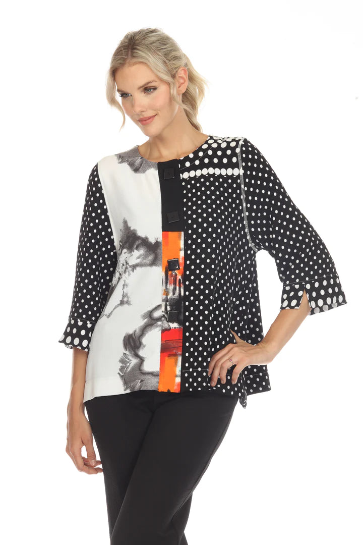 MOONLIGHT Button Down Marble & Black & White Mixed Pattern Dot Top - 3657